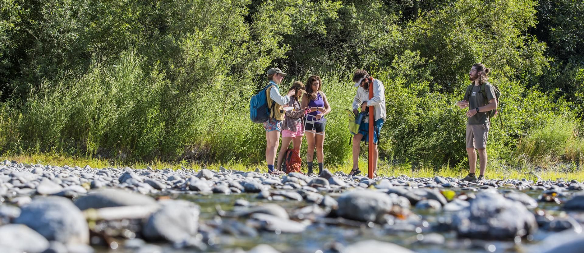 students doing research in a river