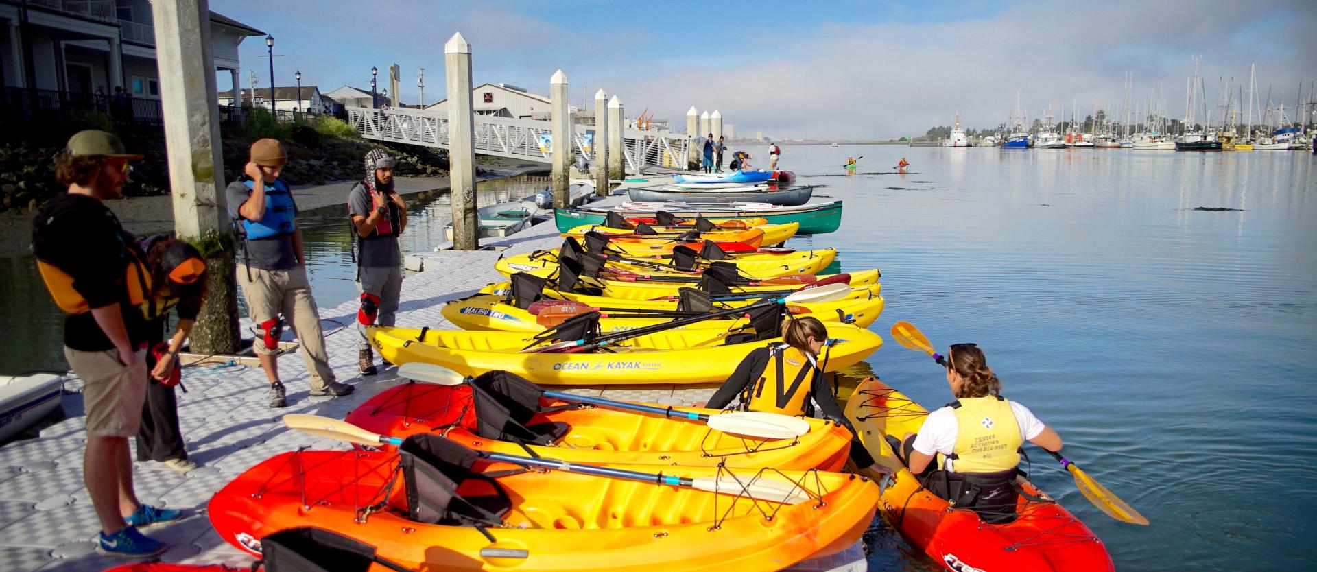 row of kayaks in water waiting to be rented