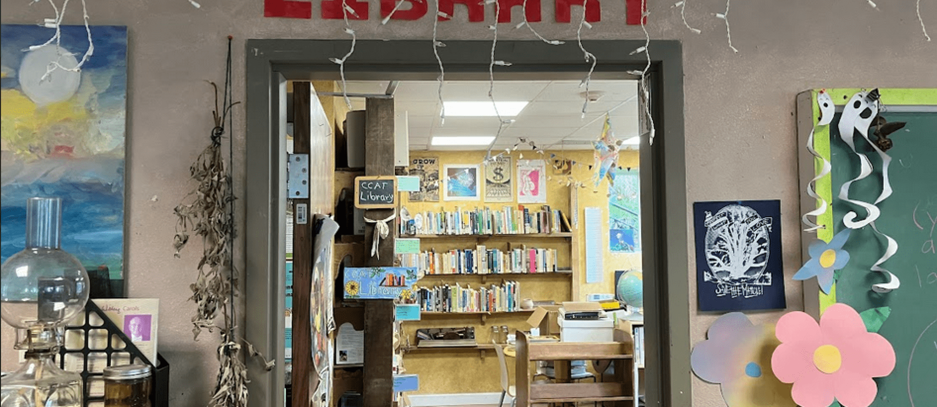 The entrance to the CCAT Library, with decorations on the sides.