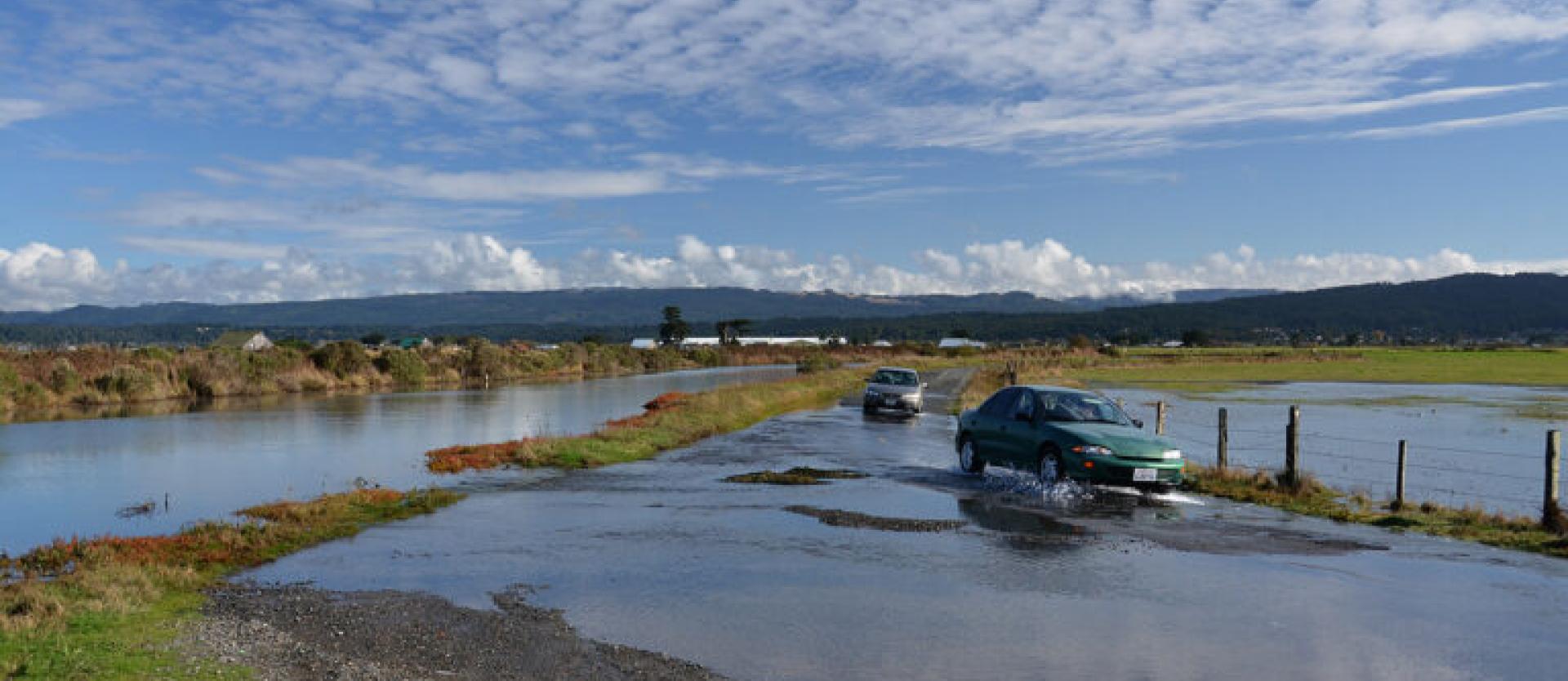 image of two cars driving through a flooded road