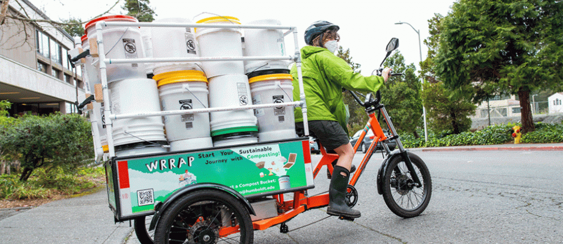Photo of the Radburro e-trike cargo bike used by WRRAP to collect campus food scraps for composting