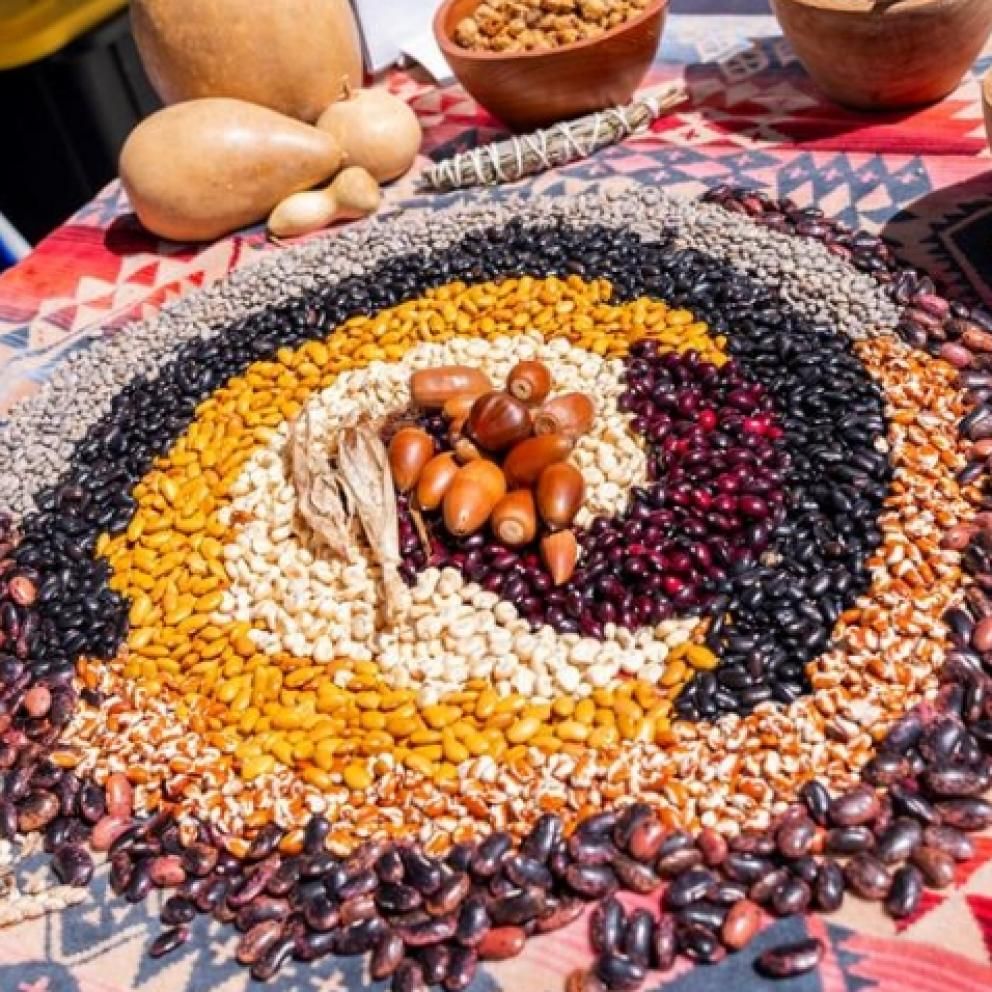 decorative display of food including beans, rice, and corn