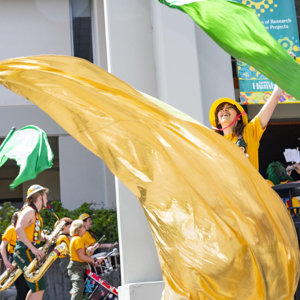 Marching lumberjacks waving gold and green banners on the front steps of the library