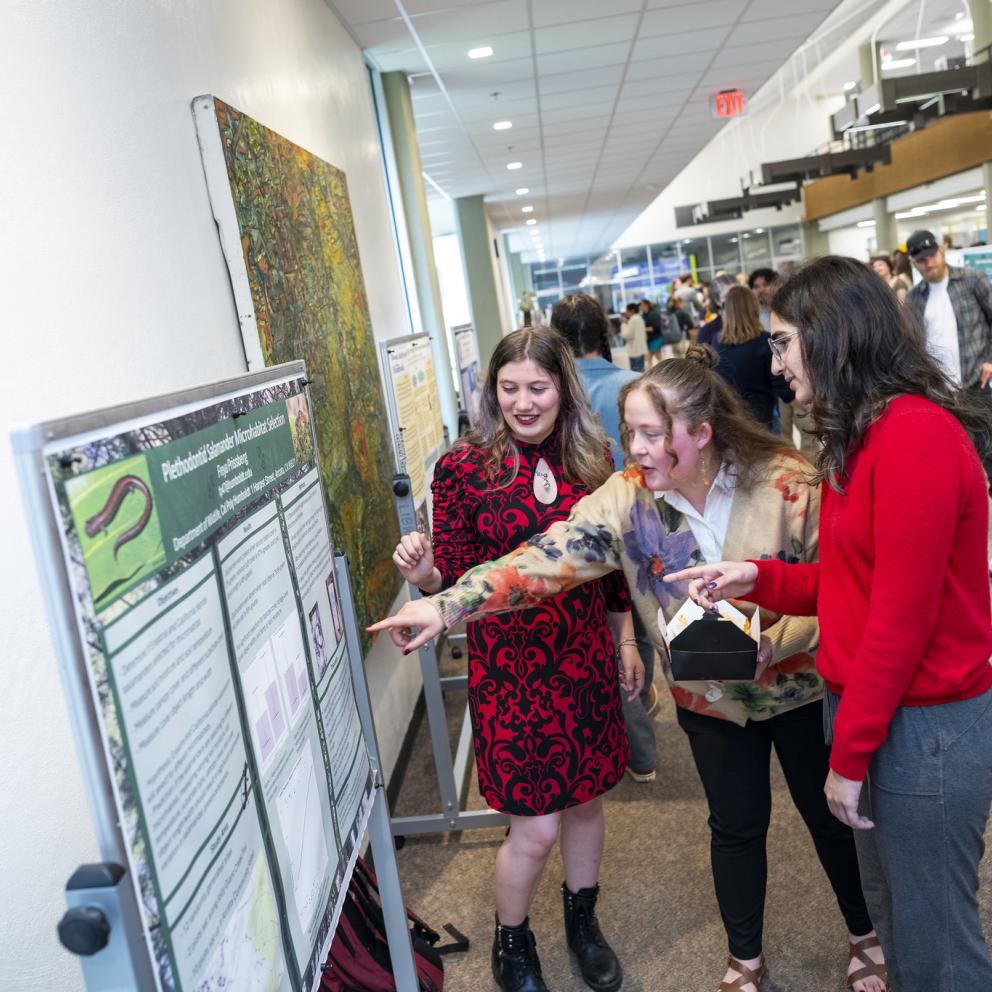 Student presenters looking at their research poster ideaFest 2025