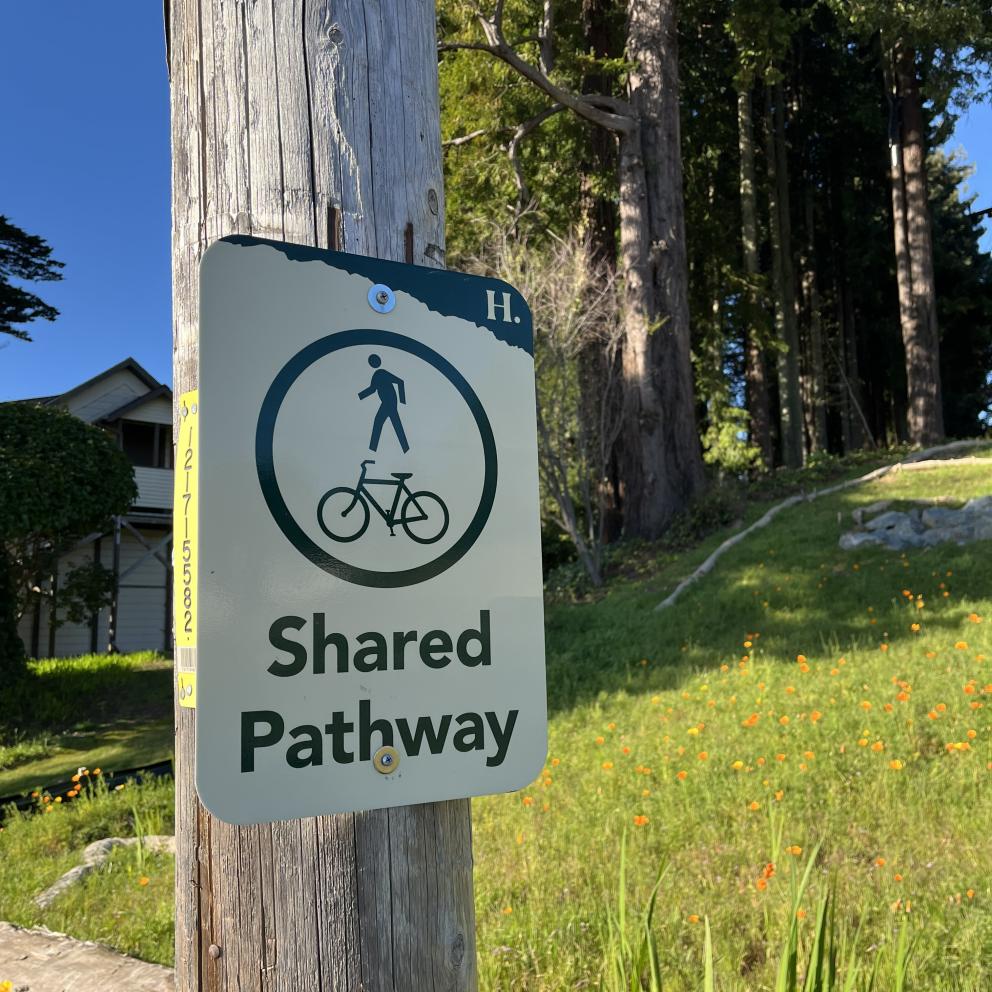 Image shows a small sign with pedestrian and bike iconography attached to a large electrical pole with green grass on a hillside in the background. 