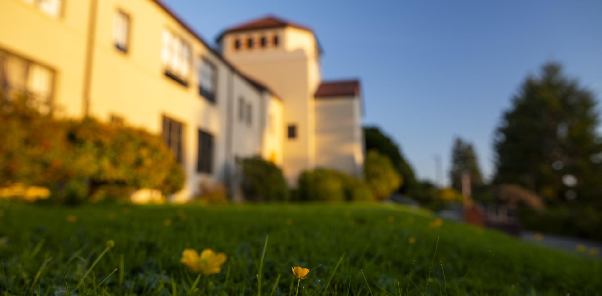 Looking up at Founders Hall at sunset
