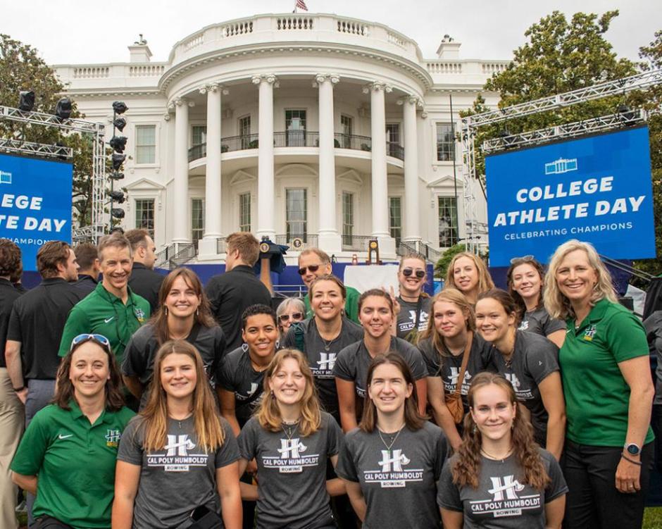 Women's rowing team in front of the White House