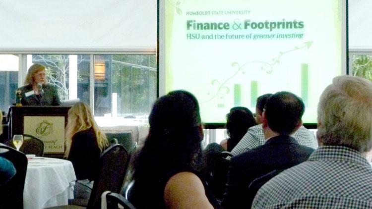 HSU President Lisa Rossbacher delivers a talk in Newport, Calif. HSU President Lisa Rossbacher delivers a talk in Newport, Calif.