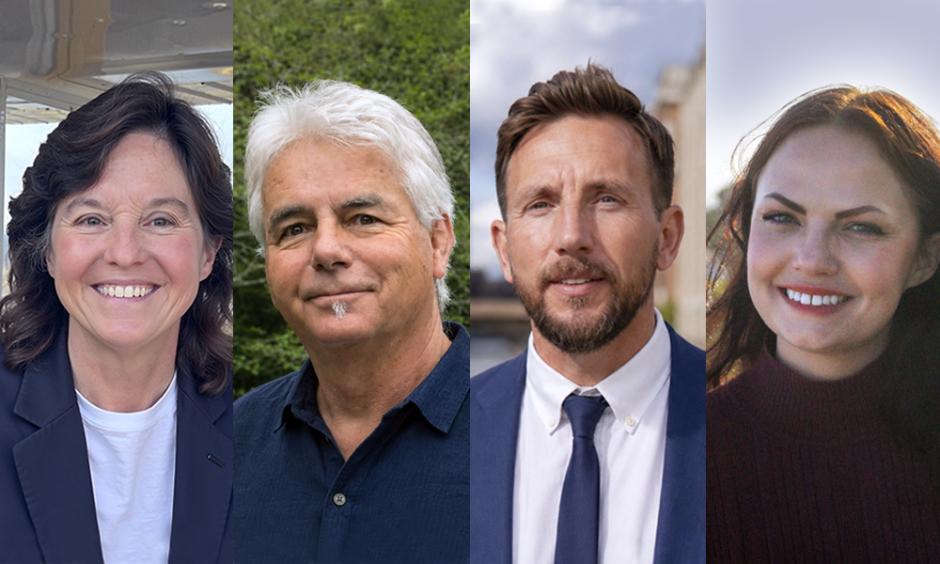 A photo collage of the 2026 Distinguished Alumni awardees: Meg Godlewski, John McGuire, Scottie Lee Meyers, and Maeve Talamantes. A photo collage of the 2026 Distinguished Alumni awardees: Meg Godlewski, John McGuire, Scottie Lee Meyers, and Maeve Talamantes.
