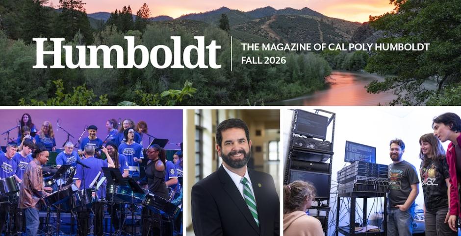 a collage of photos includes a landscape shot of the Klamath river at sunset, President Carvajal, a band onstage, and students looking at a computer. a collage of photos includes a landscape shot of the Klamath river at sunset, President Carvajal, a band onstage, and students looking at a computer.