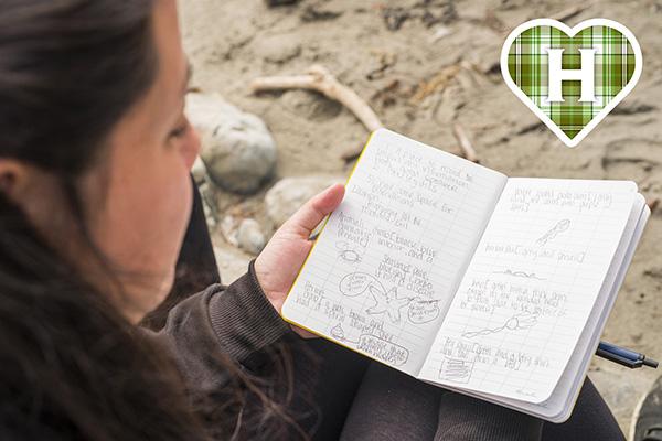HSU student studies notebook on beach HSU student studies notebook on beach