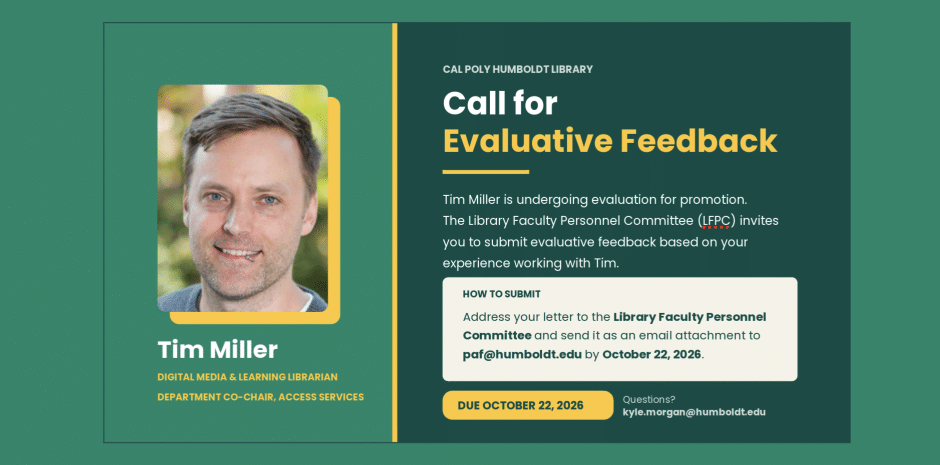 Call for Evaluative Feedback for Librarian Tim Miller Due Oct. 22, 2026