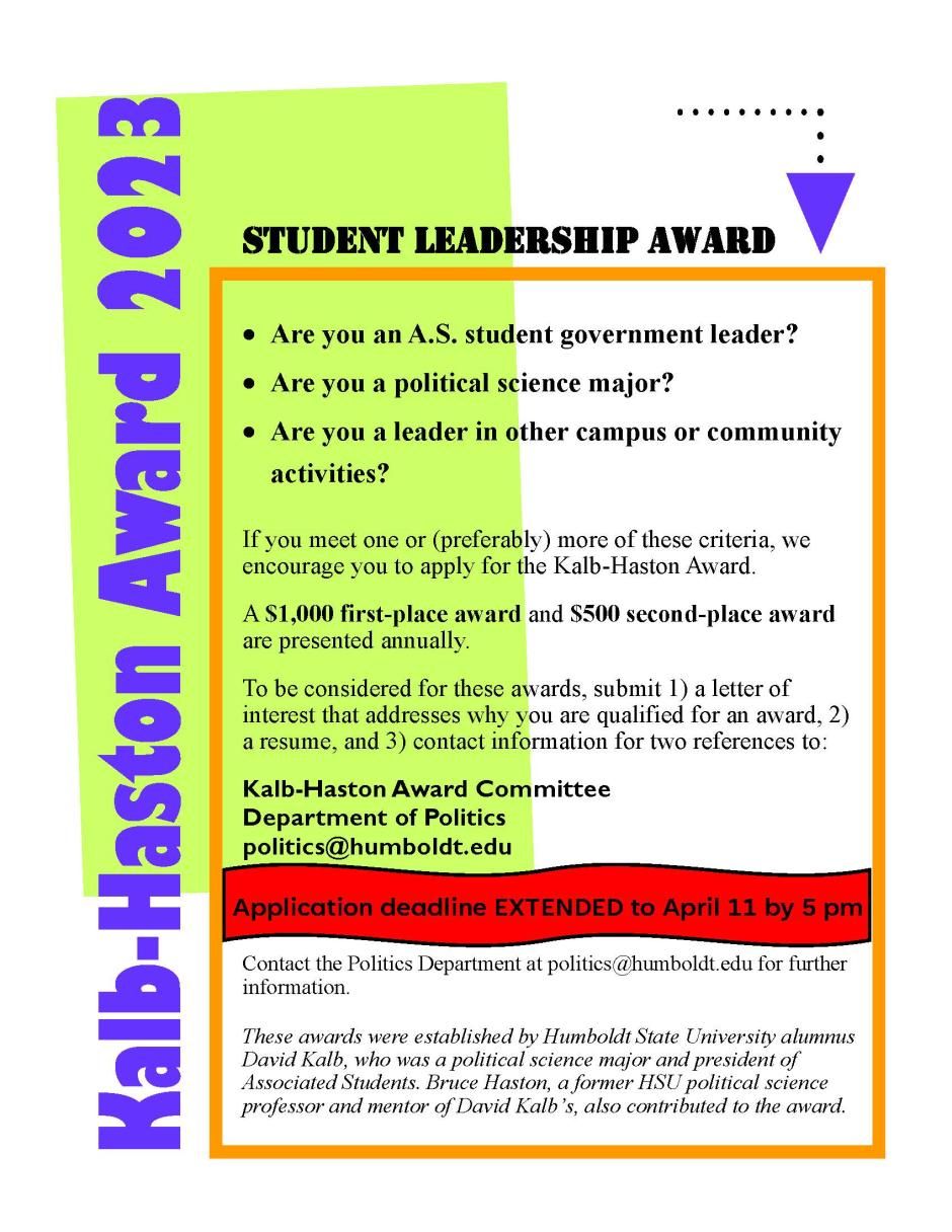 kalb_award_flier_2023_extended_deadline.jpg Kalb-Haston Award 2023, STUDENT LEADERSHIP AWARD