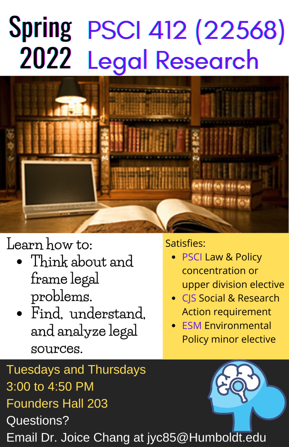 Spring 2022 - Legal Research
Tuesdays and Thursdays 3:00 to 4:50 PM
Founders Hall 203