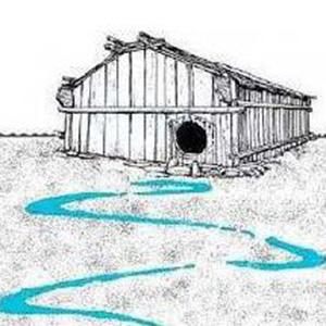 drawing of a native hut in black and white with a blue stream in front of it