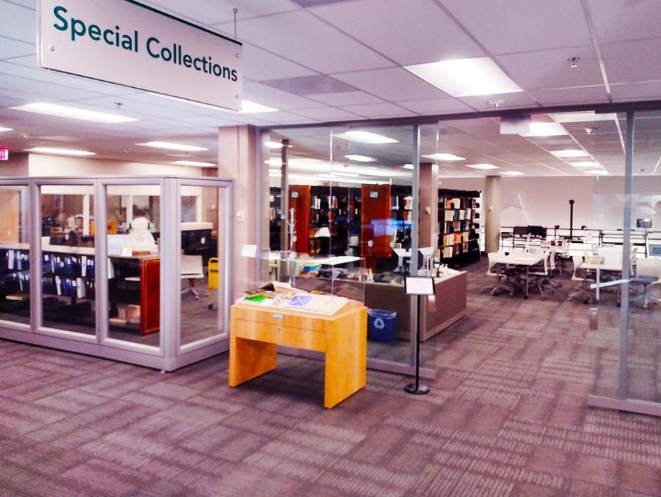library interior shot with special collections sign