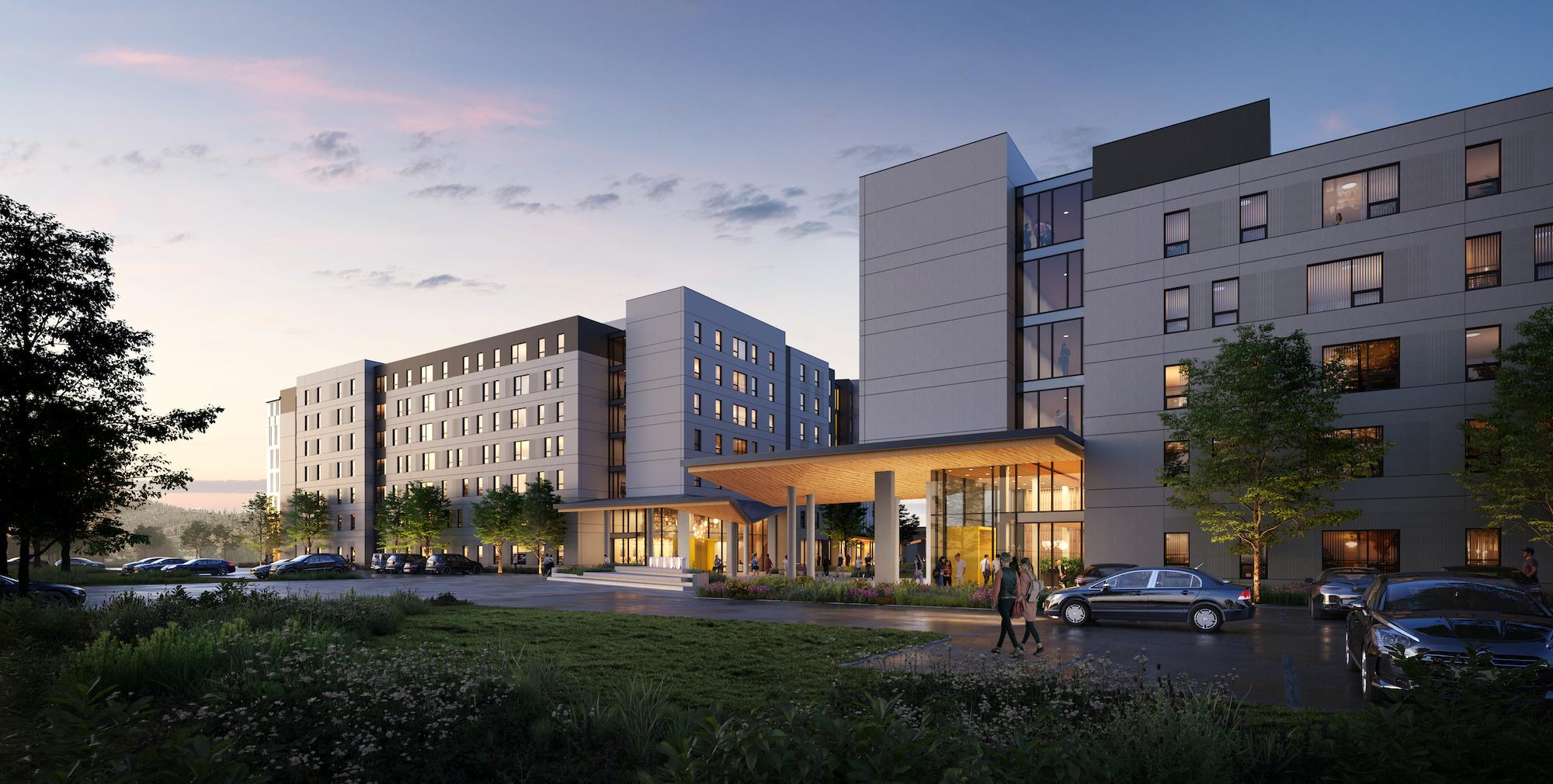 rendeering of the new student housing complex at dusk