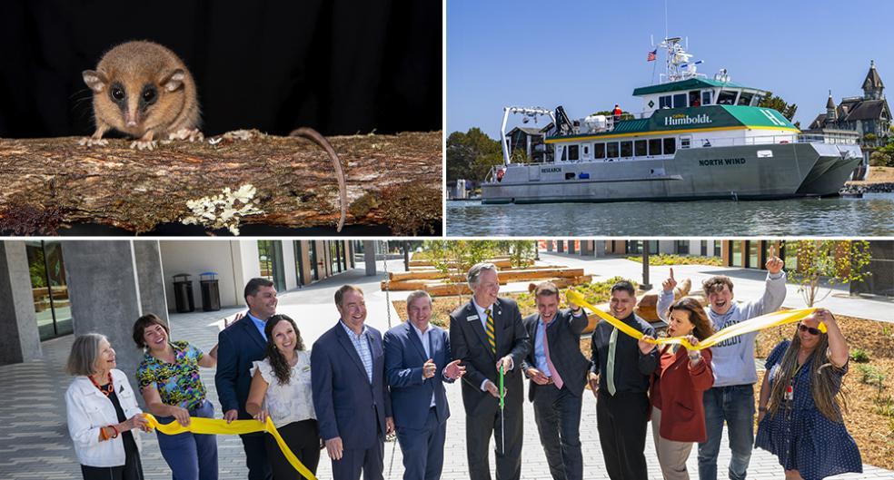 photo collage from left to right: new tiny mouse opposum; Humboldt's new research vessel, the North Wind; and leaders at a ribbon cutting 