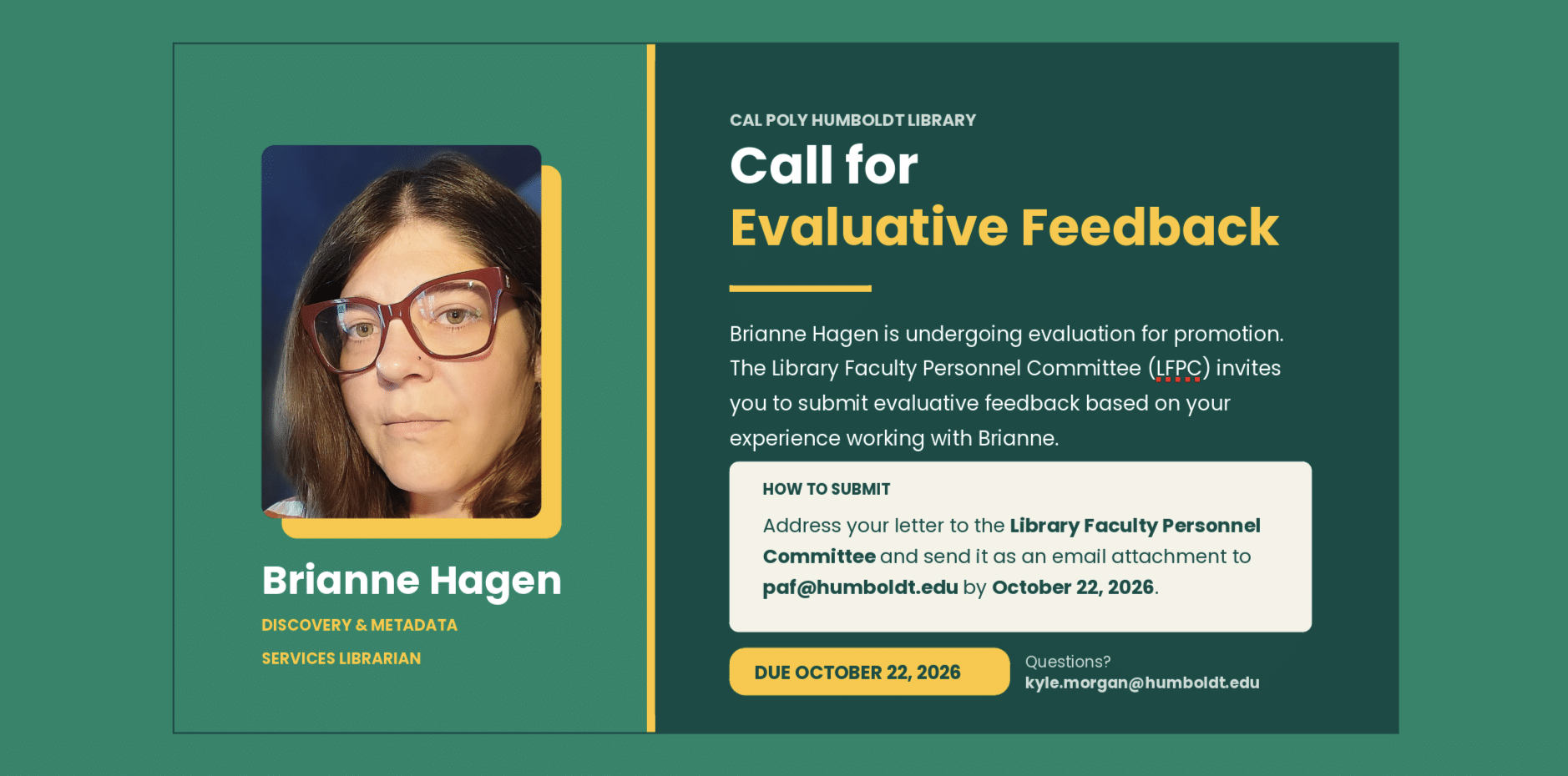 Call for Evaluative Feedback for Librarian Brianne Hagen Due Oct. 22, 2026