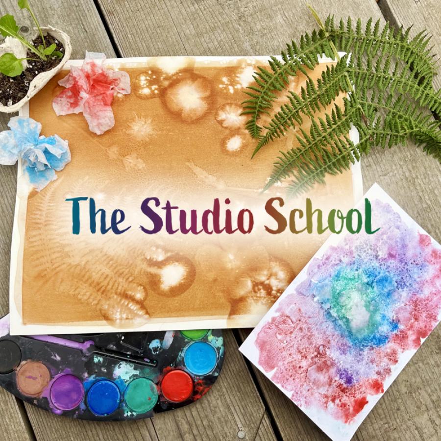 The Studio School - sun print, paint pallette, watercolor, and fern