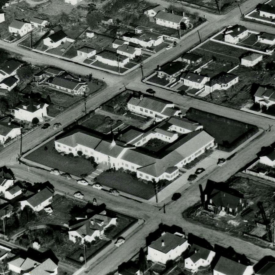 Historic aerial view of Trinity hospital and east Arcata neighborhood