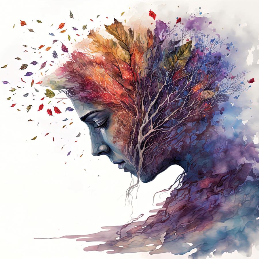 Side profile of woman with tree and leaves superimposed over her head