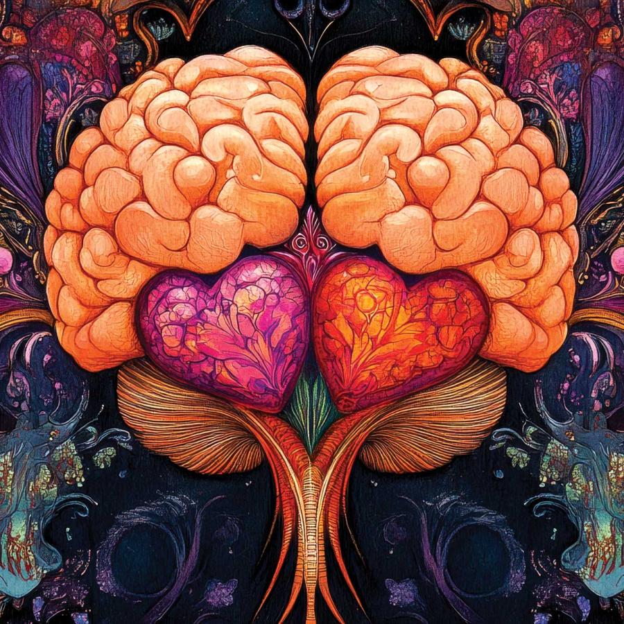 Psychedelic image of the human brain with hearts