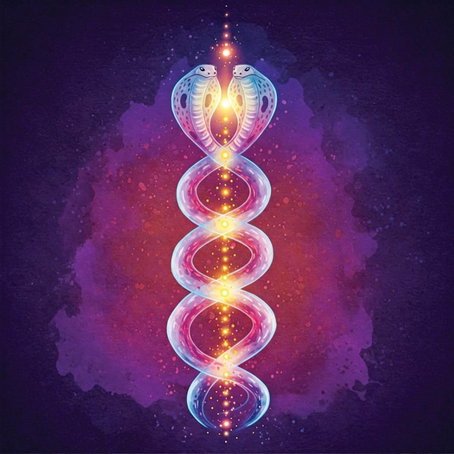 artistic representation of Kundalini serpent energy; two snakes coiled around a central column of light and energy points