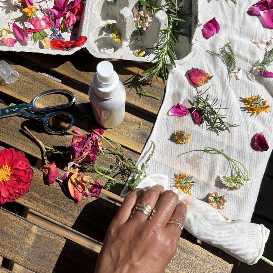 Wildflowers and plants on a table, preparing for dye creation