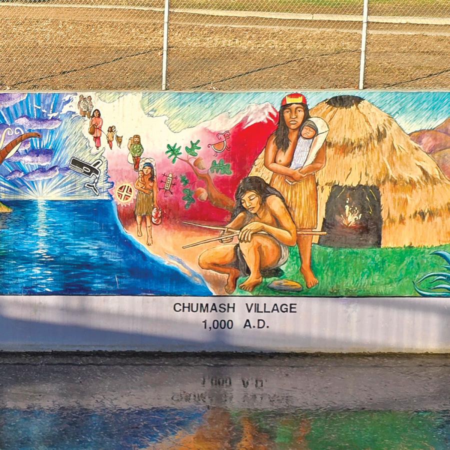 city mural showing Chumash village inhabitants, 1,000 AD
