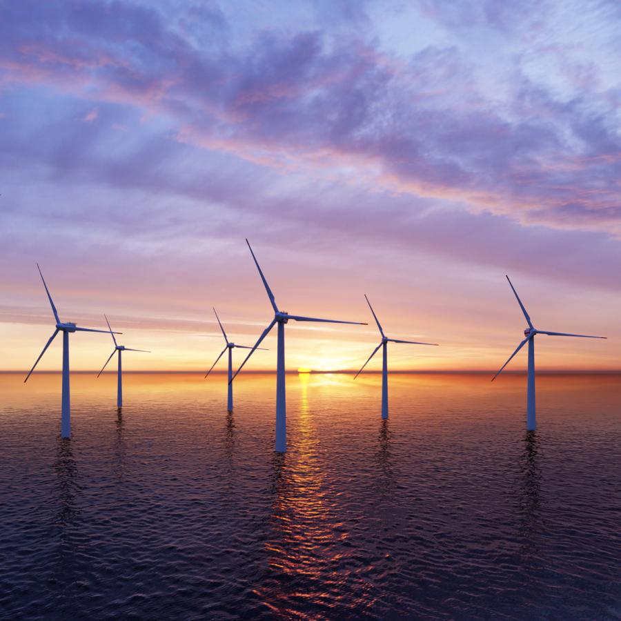 Illustration of offshore wind turbines in the ocean Illustration of offshore wind turbines in the ocean