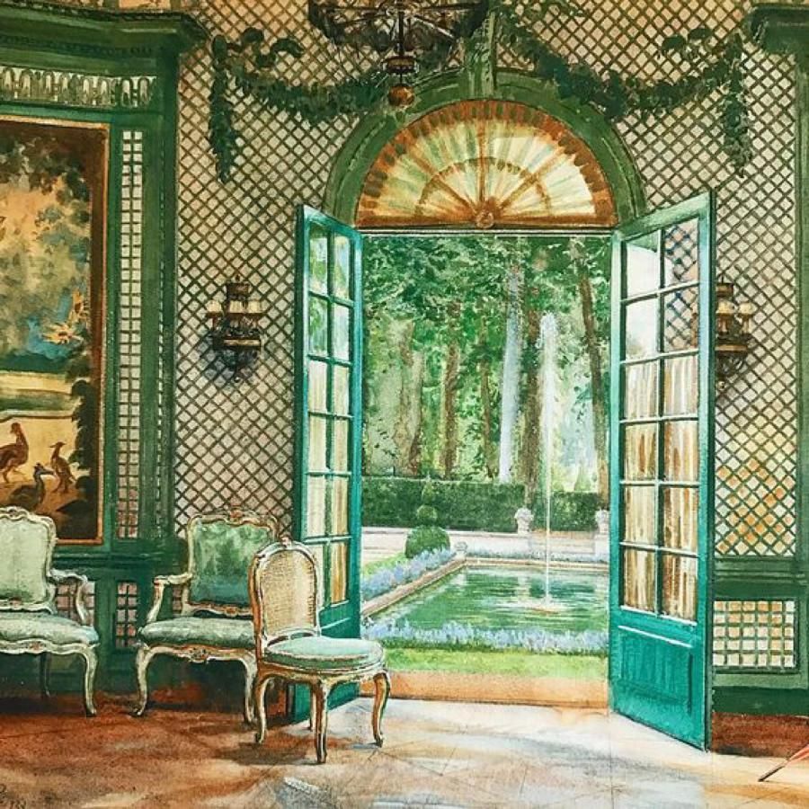 Interior of Elsie De Wolfe's music pavilion, looking out at pool