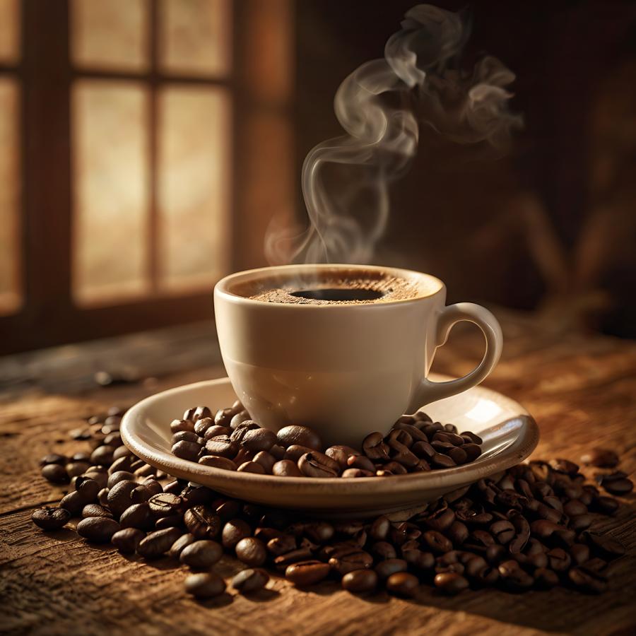 Cup of coffee on top of a pile of whole coffee beans