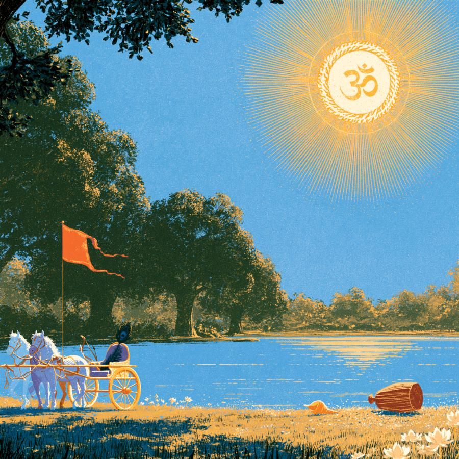 Bhagavad Gita-inspired illustration of a horse-drawn chariot by a river beneath a radiant sun bearing the Om symbol.