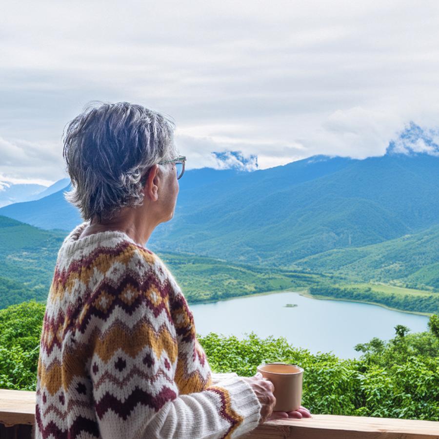 Older woman with a cup of coffee, standing on her deck, looking out at mountain lake