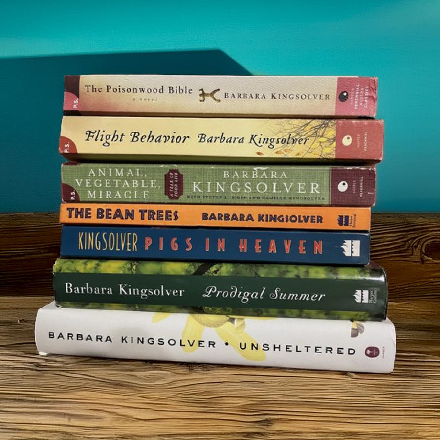 A stack of books by Barbara Kingsolver
