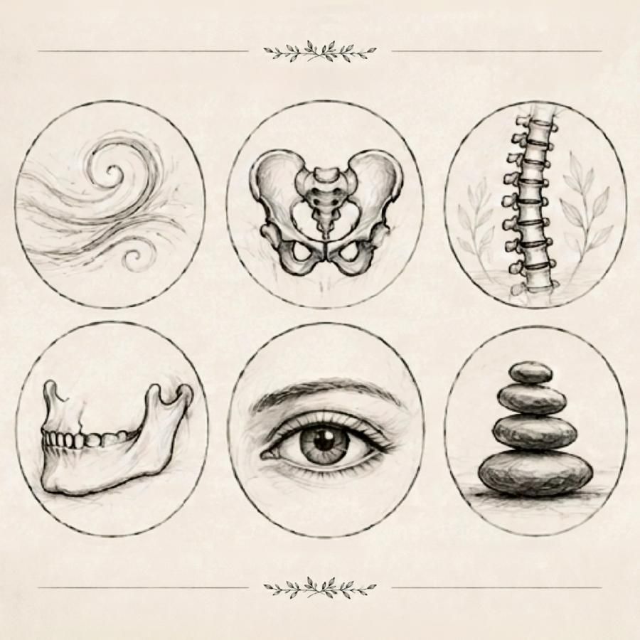 Drawing of breath, pelvis, spine, jaw, eye, and stones