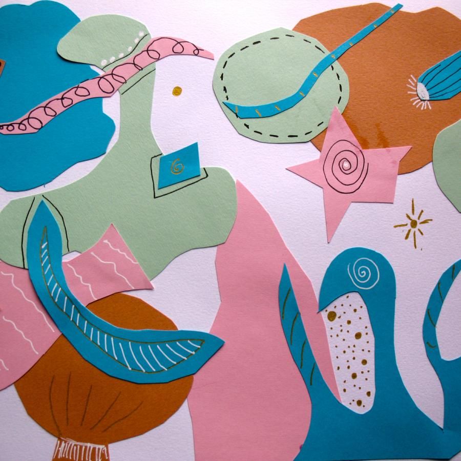 Paper cutout collage of various organic ocean shapes in pink, blue, and green by Louise Bacon Ogden
