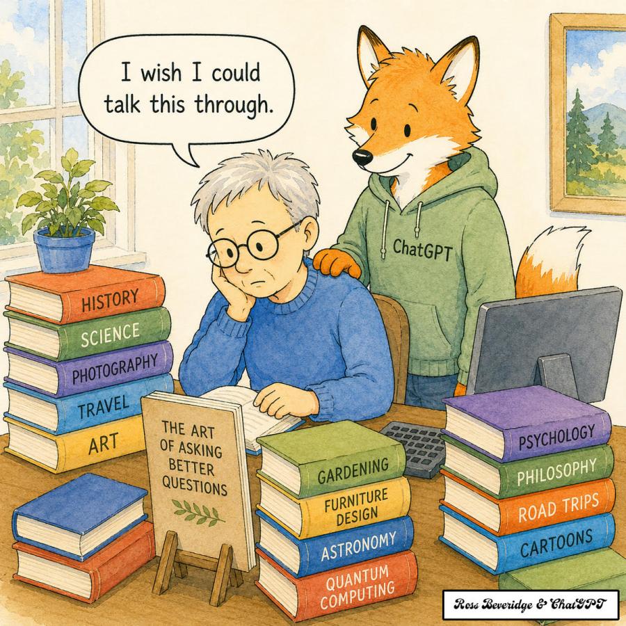 AI cartoon of a man with several books (history, science, photography, art, furniture design, road trips, etc.), saying "I wish I could think this through" with a fox putting its paw on his shoulder, and wearing a sweatshirt saying "ChatGPT"