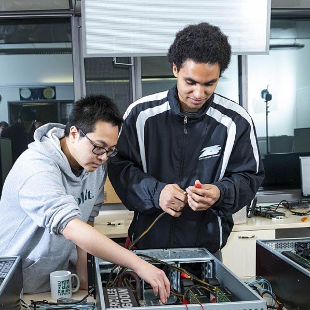 Students working on super computer