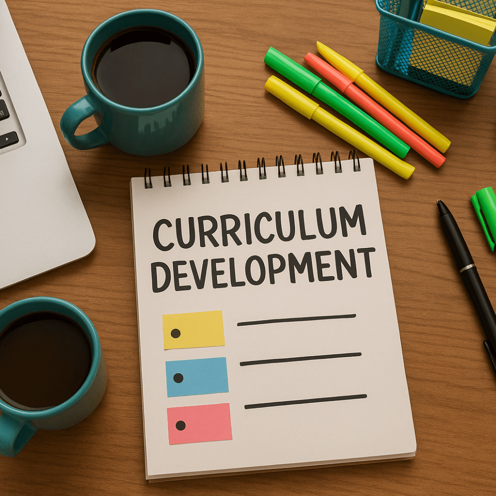 Colorful top-flip steno notebook that says Curriculum Development with bullet points listed below