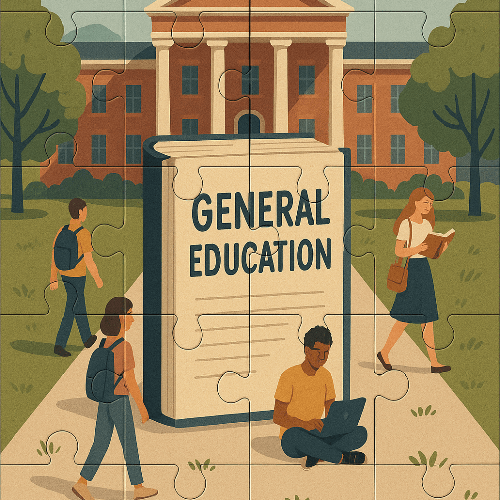 Puzzle showing a main university building in the background with a book title General education in the foreground on a path with students walking and sitting around it.