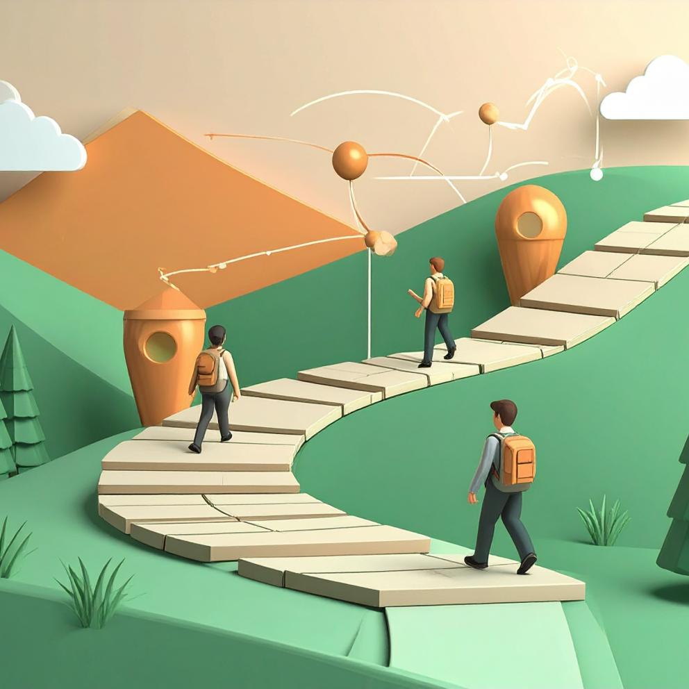 Students walking down a winding path toward a bright destination