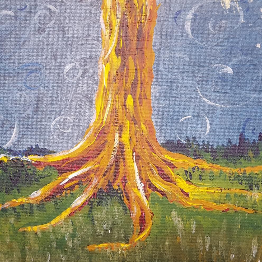 Painting of redwood trunk and roots