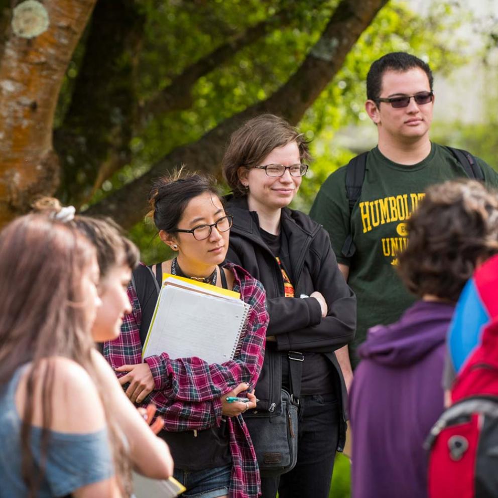 Communication students meeting outside