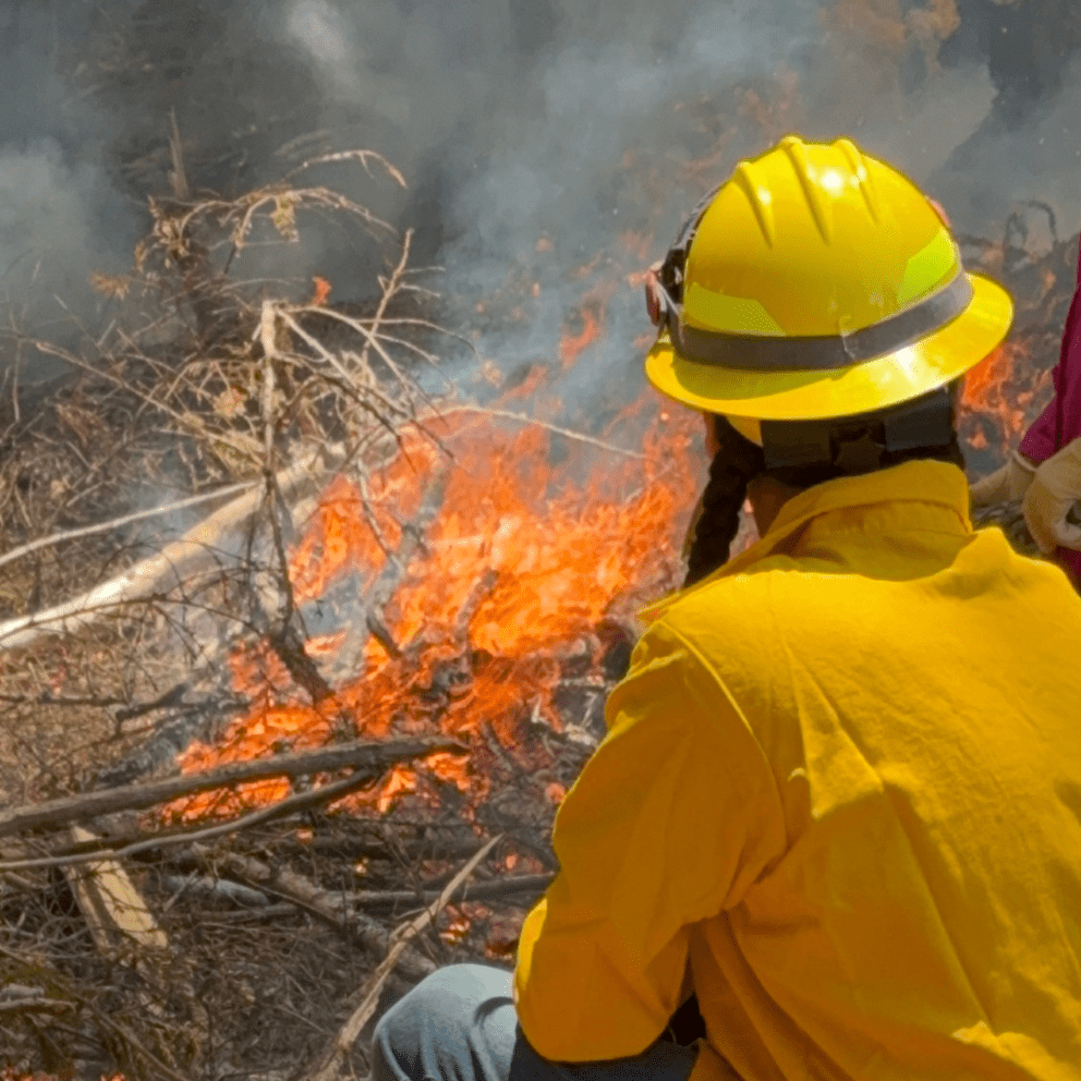 FSL Staff member participating in a cultural burn at Blue Lake Rancheria during the Fire Symposium in Jine 2026.