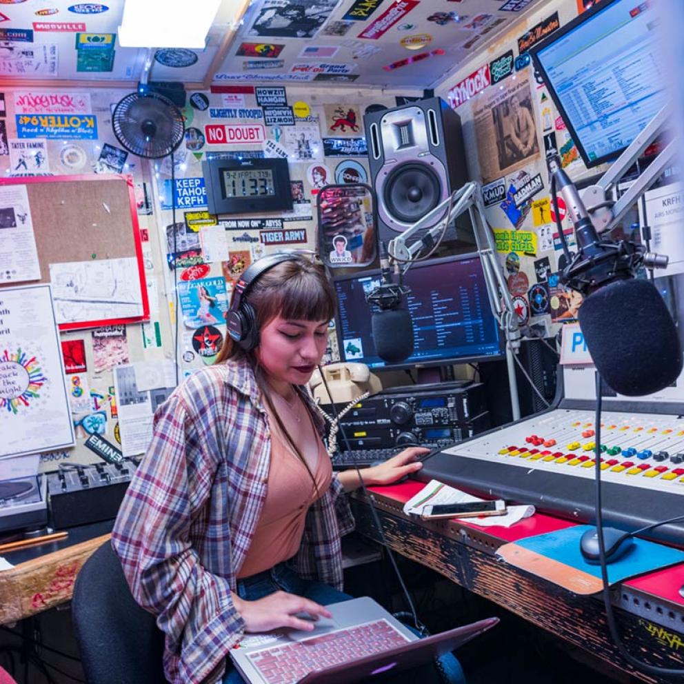 Student dj working at KRFH