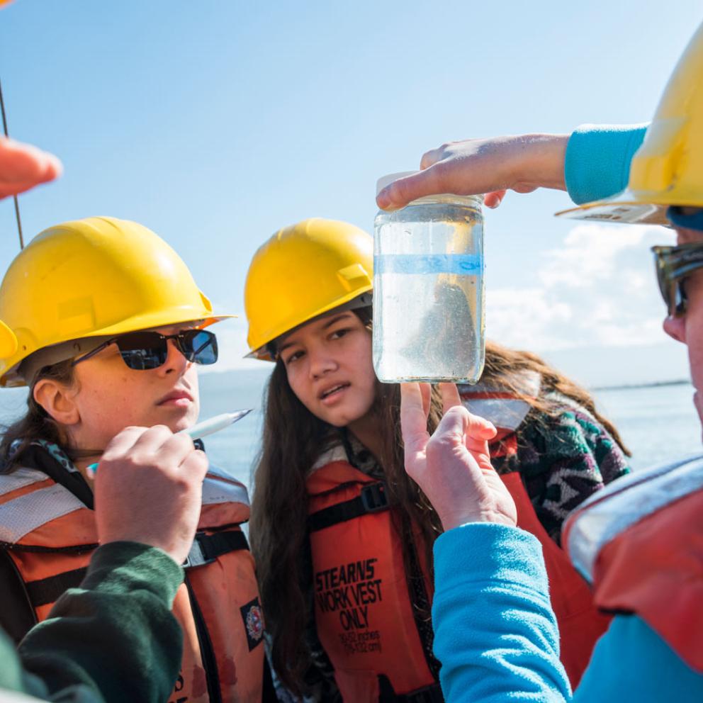 students looking at a specimen on a boat