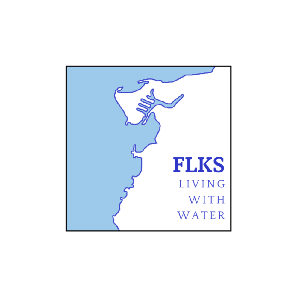 Logo for Fields Landing King Salmon Living With Water project, depicting the bay's coastline in King Salmon, south of Eureka
