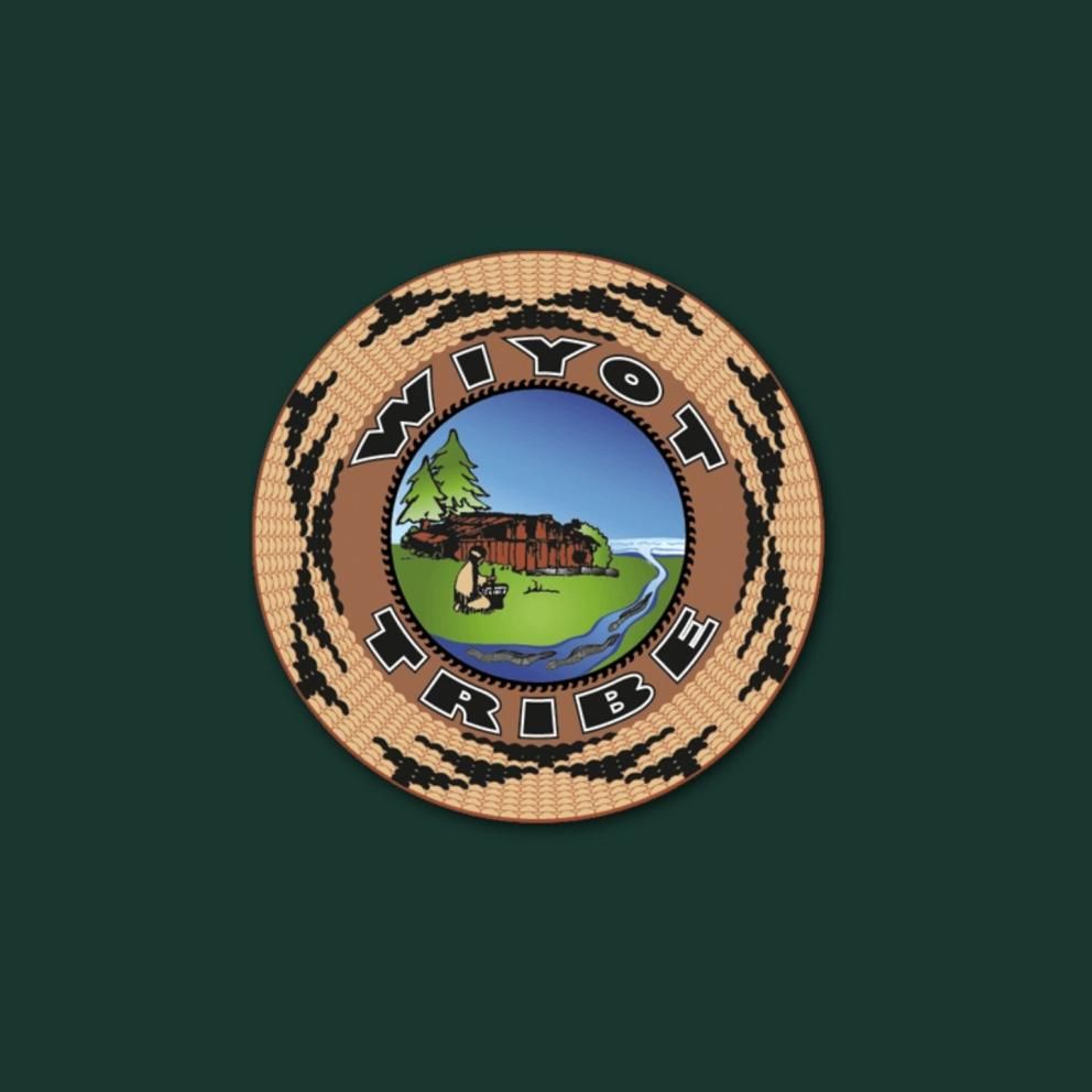Image of the seal of the wiyot tribe, with a green background